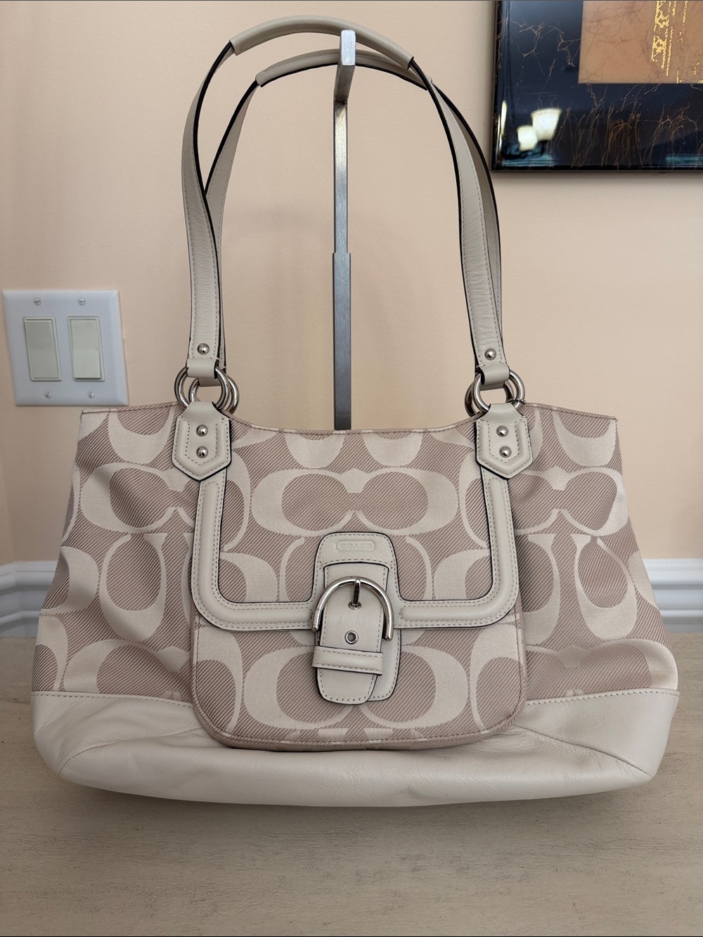 Coach Beige/Tan Signature Shoulder Tote with Buckle Front